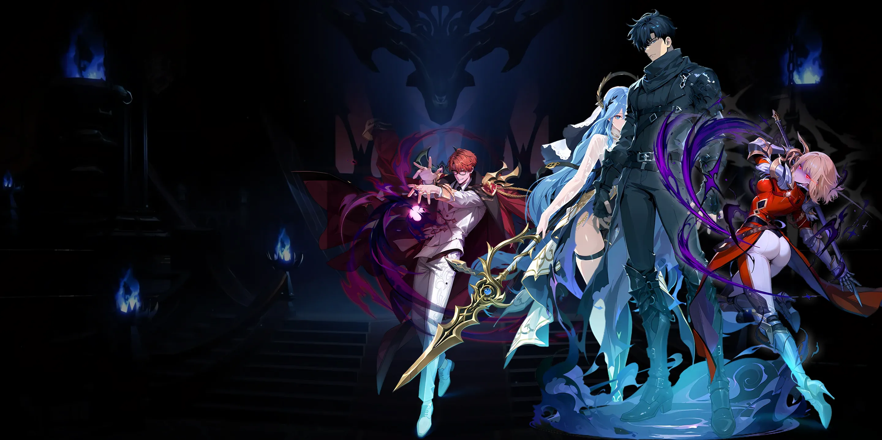 Choi Jong-In, Azarea, Sung Jinwoo and Cha Hae-In official art over the throne room